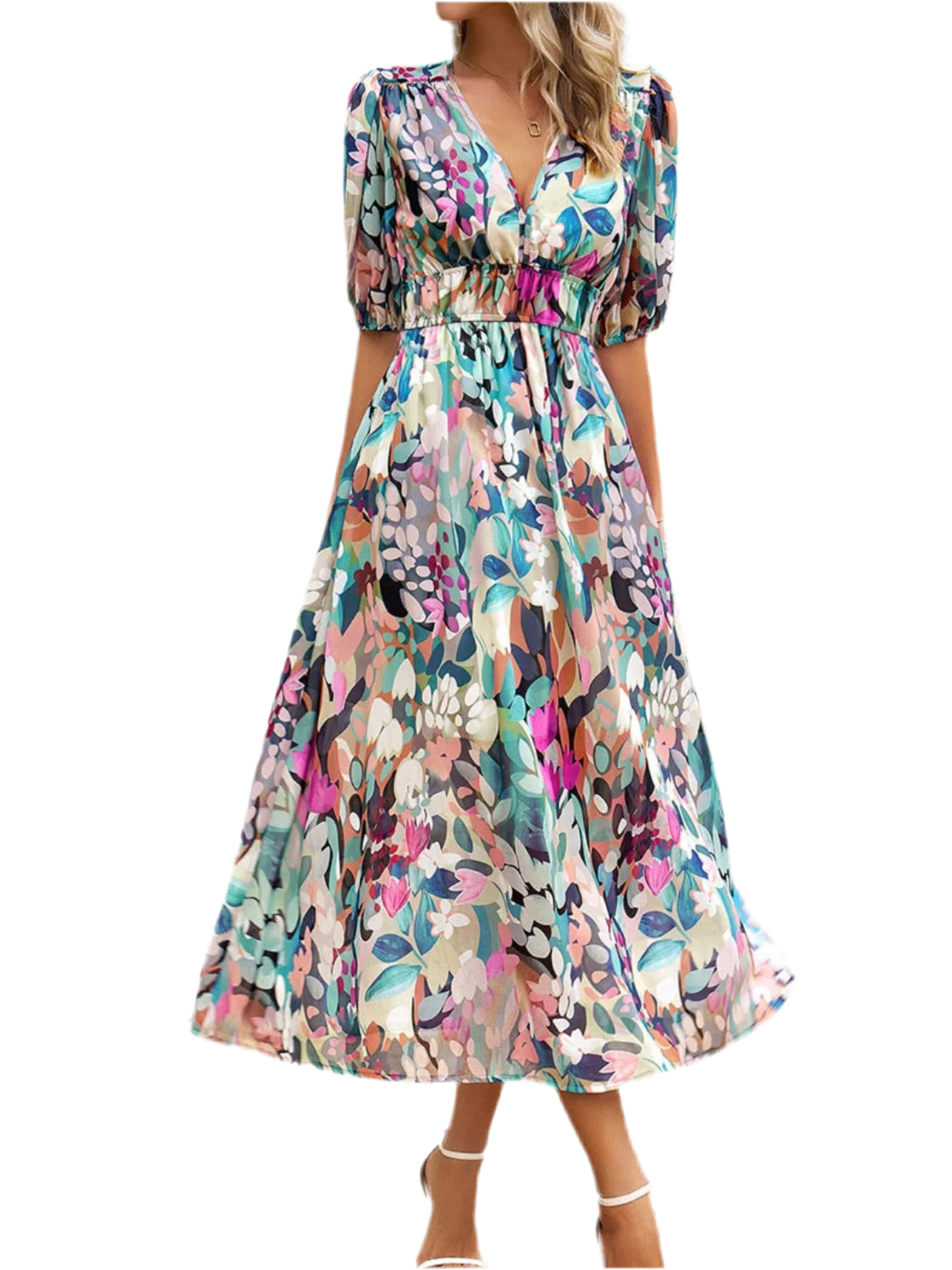 Printed Puff Sleeve Midi Dress