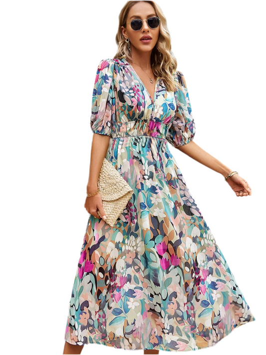 Printed Puff Sleeve Midi Dress