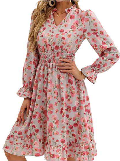 Floral Print Flounce Sleeve Ruffle Hem Dress