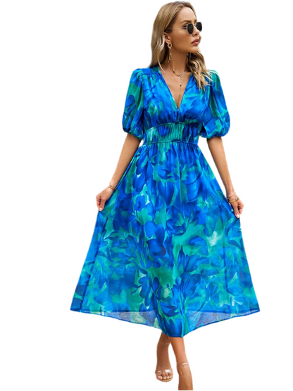 Printed Puff Sleeve Midi Dress