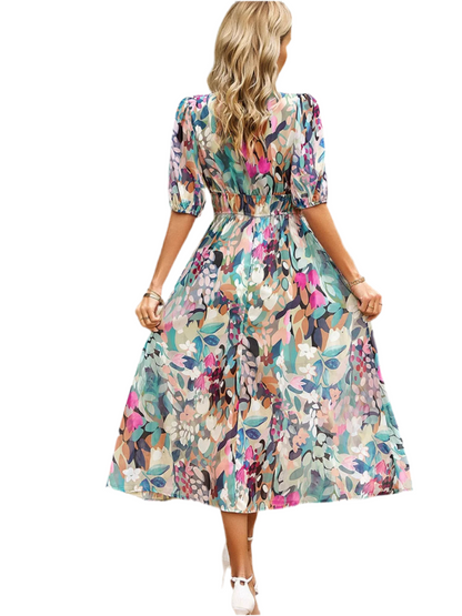 Printed Puff Sleeve Midi Dress