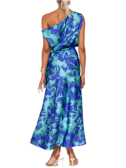 One Shoulder Printed Dress with Slit