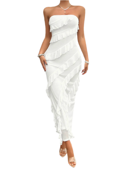 Devine Ruffled Slit Back Tube Maxi Dress