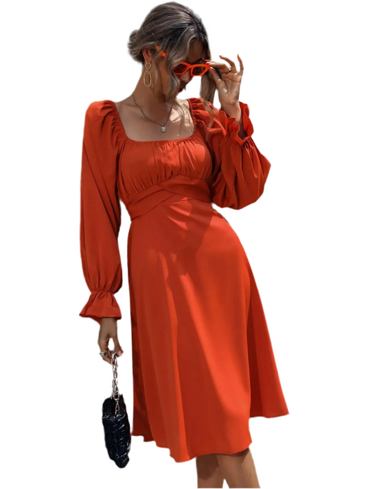 Square Neck Flounce Sleeve Midi Dress