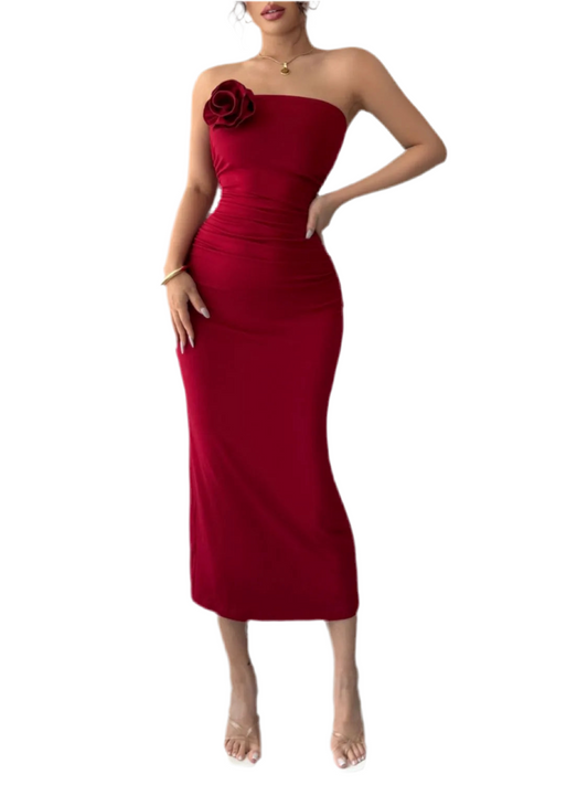 Slit Back Flower Tube Midi Dress