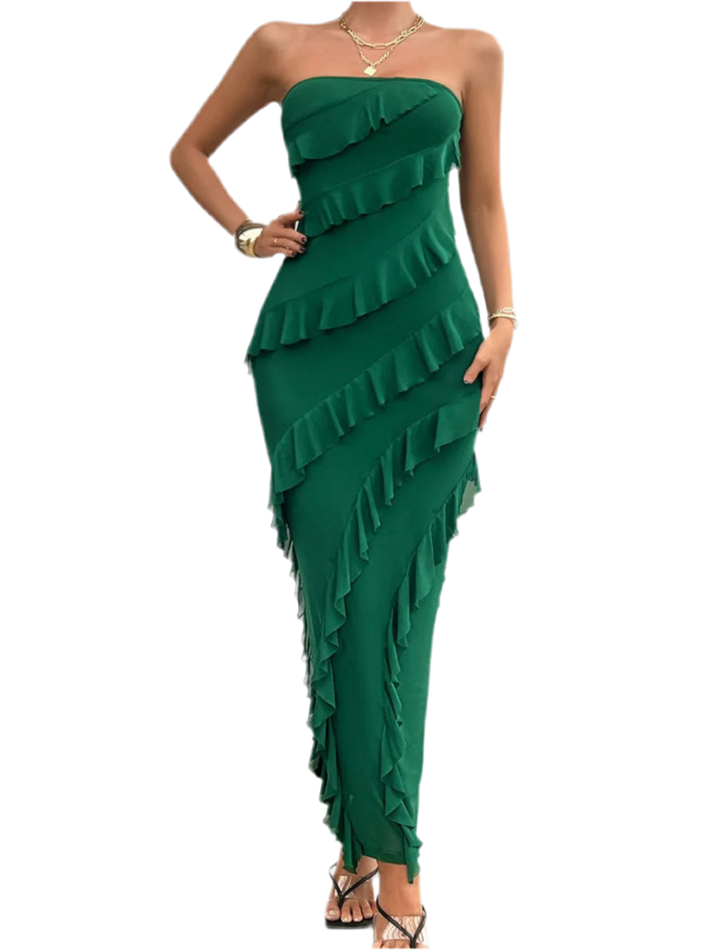 Devine Ruffled Slit Back Tube Maxi Dress