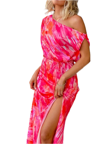 One Shoulder Printed Dress with Slit