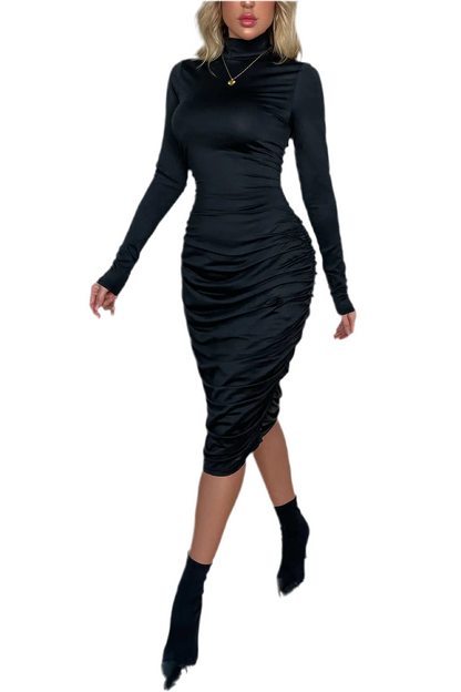 Ruched Mock Neck Long Sleeve Dress