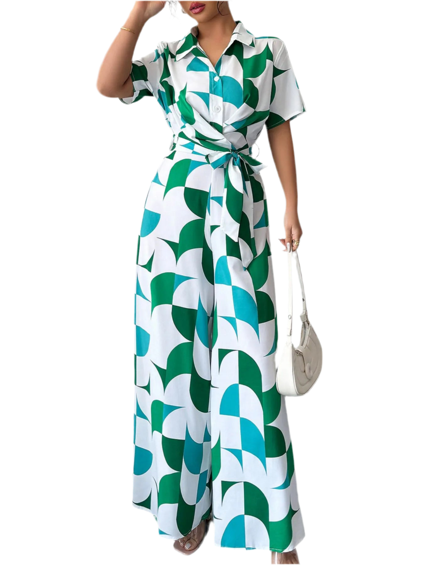 Printed Wide Leg Belted Jumpsuit