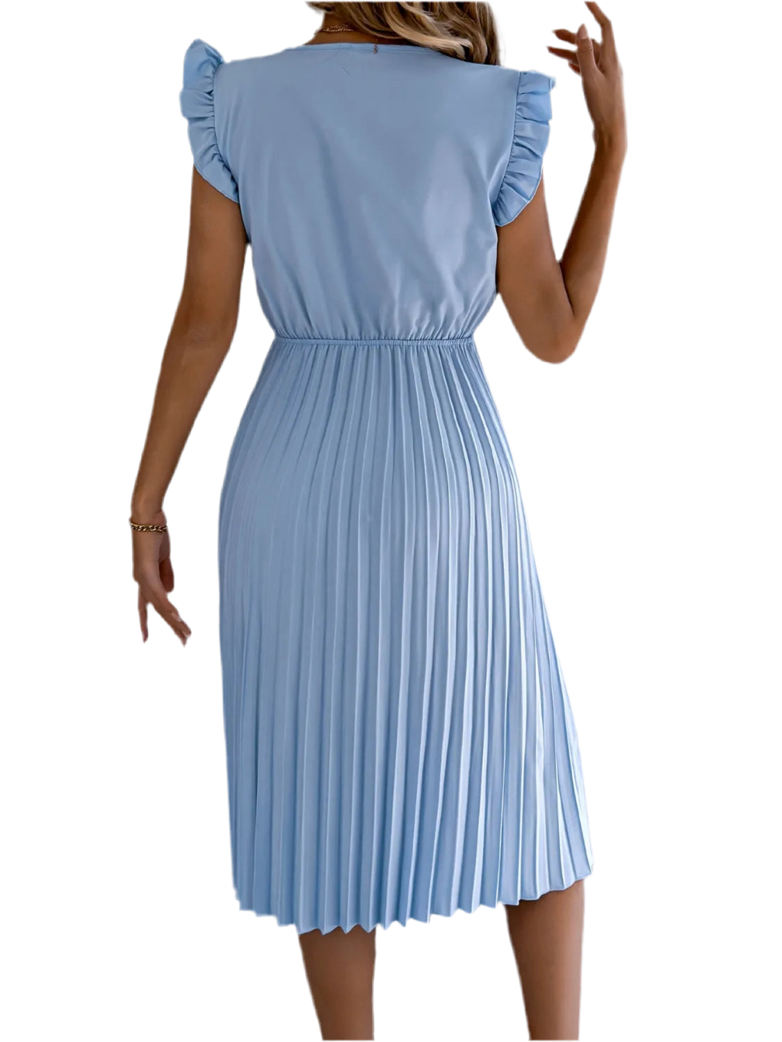 Lace Detail Ruffled Cap Sleeve Pleated Dress