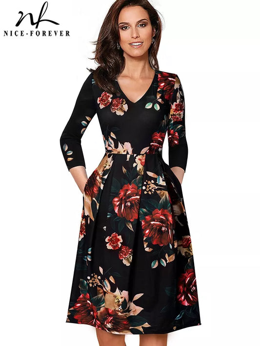 Nice-Forever Vintage Solid Color v Neckline Pinup Pockets Vestidos