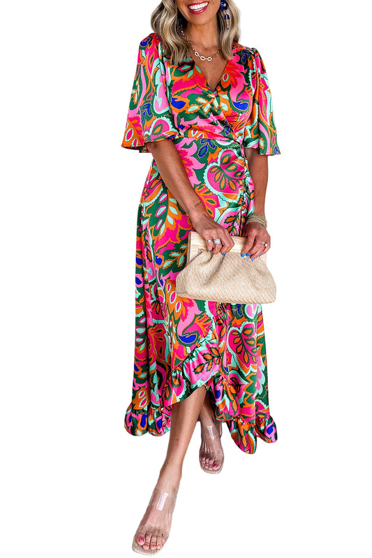 Rose Summer Plant Print Surpliced V Neck Ruffled Asymmetric Slit Wide Short Sleeve Maxi Dress