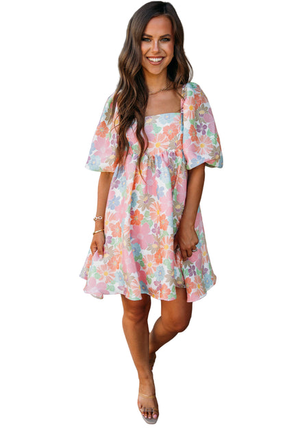 Pink Summer Floral Square Neck Puff Sleeve Babydoll Dress