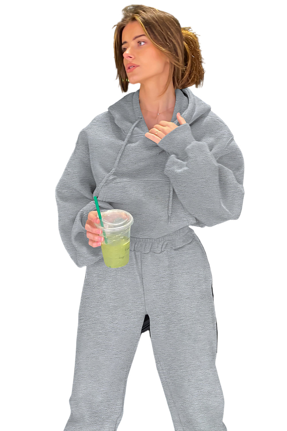 Gray Solid Drop Shoulder Hoodie and Joggers Activewear Set
