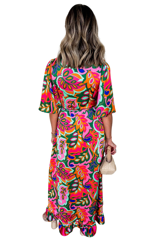 Rose Summer Plant Print Surpliced V Neck Ruffled Asymmetric Slit Wide Short Sleeve Maxi Dress