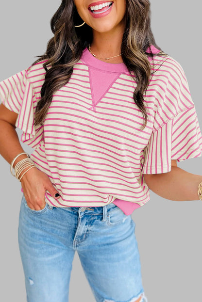 Sachet Pink Contrast Detail Striped Ruffle Short Sleeve Top