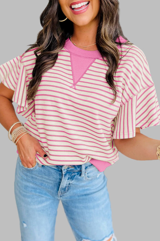 Sachet Pink Contrast Detail Striped Ruffle Short Sleeve Top