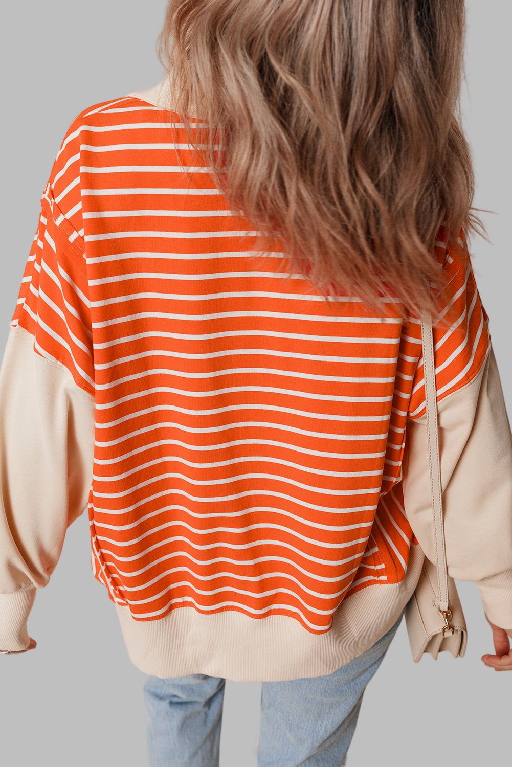 Orange Stripe Color Block Loose Fit Collared Drop Shoulder Sweatshirt