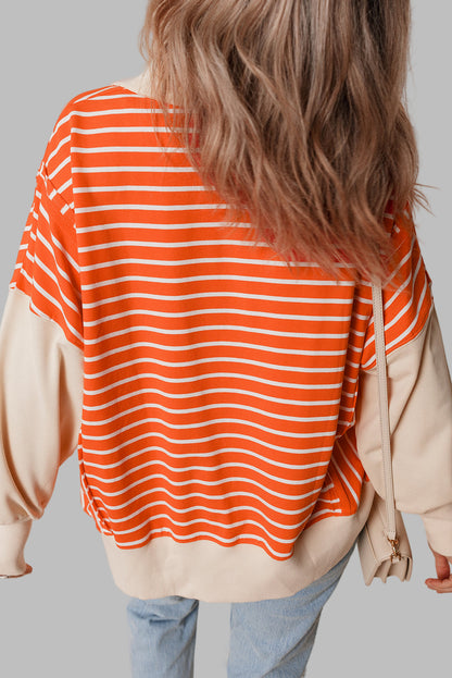Orange Stripe Color Block Loose Fit Collared Drop Shoulder Sweatshirt