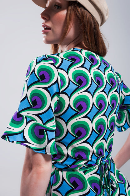 Wrap Ruffle Hem Mini Dress in 70s Blue Print