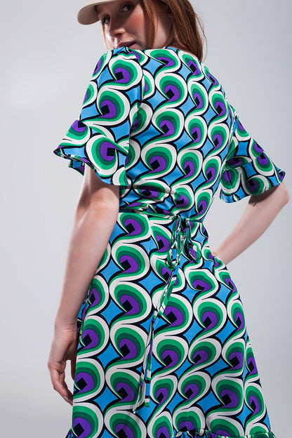 Wrap Ruffle Hem Mini Dress in 70s Blue Print
