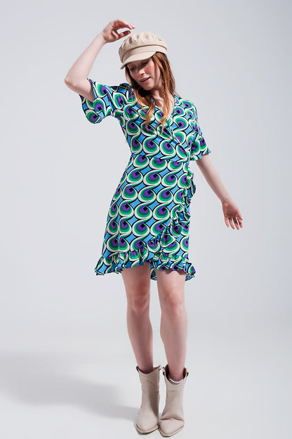 Wrap Ruffle Hem Mini Dress in 70s Blue Print